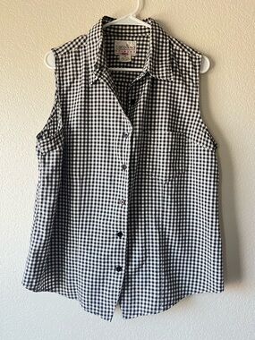 Vintage Retro Black & White Gingham Sleeveless Button-Front Cotton Tank Top